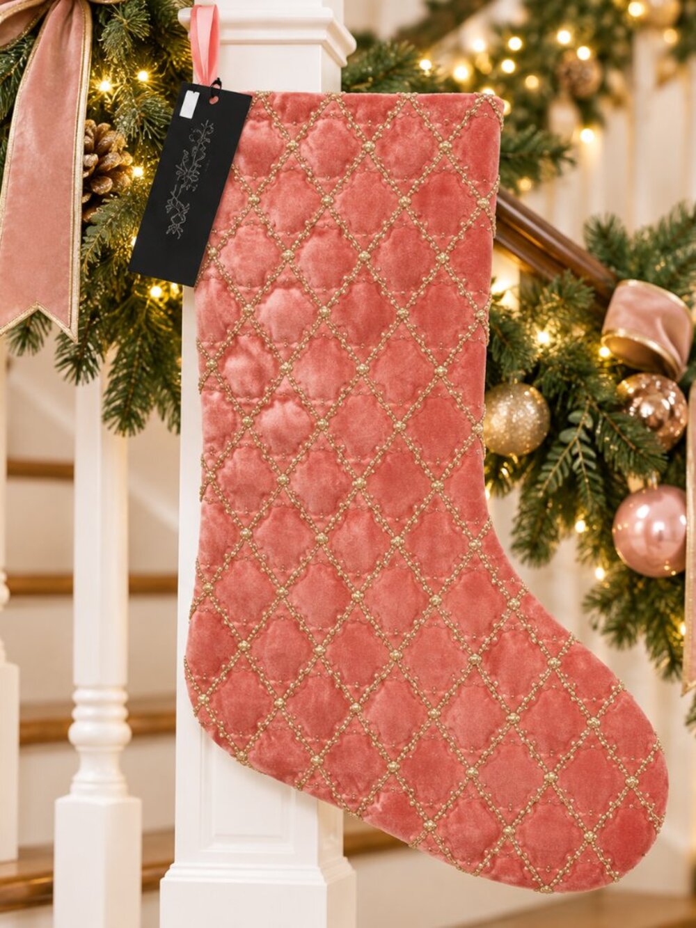 Rachel Zoe Pink Velvet Christmas Luxury Stocking 22" Beaded Front Satin Lined